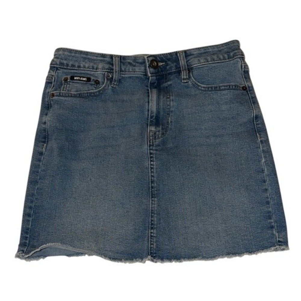 DKNY Jeans Skirt‎ Womens 4 Mini Medium Wash Blue Raw Hem Stretch Denim